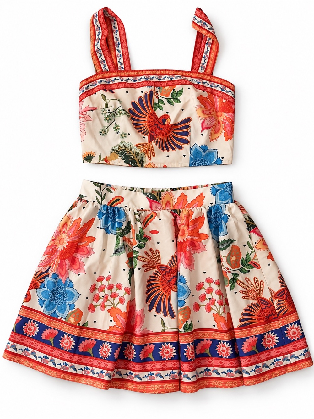 Floral Bird Print Two-Piece Skirt Set - Cream with Red & Blue